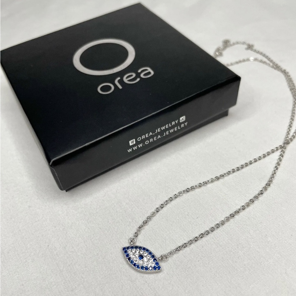 Sterling Silver Evil Eye Pendant Necklace White and Blue Zircon New in box